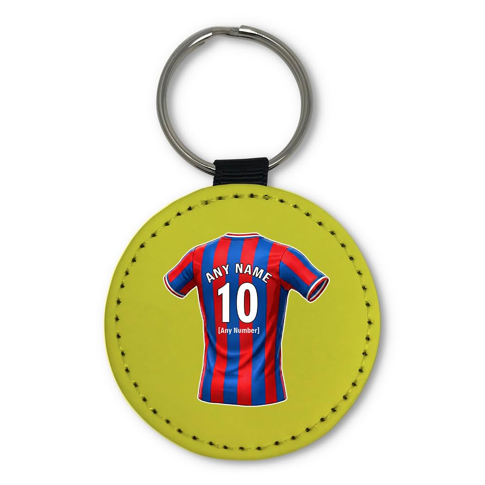 UNIGIFT Personalised Gift - South London Football Fan Yellow Round Keyring (Red and Blue Stripes Jersey Design) Custom Name Keychain - Croydon SE25 Club