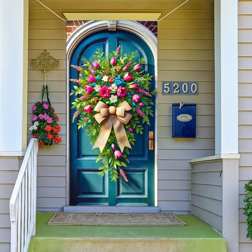 Image of Spring Tulip Bouquet Door Cover 35x71in Hydrangea Bow