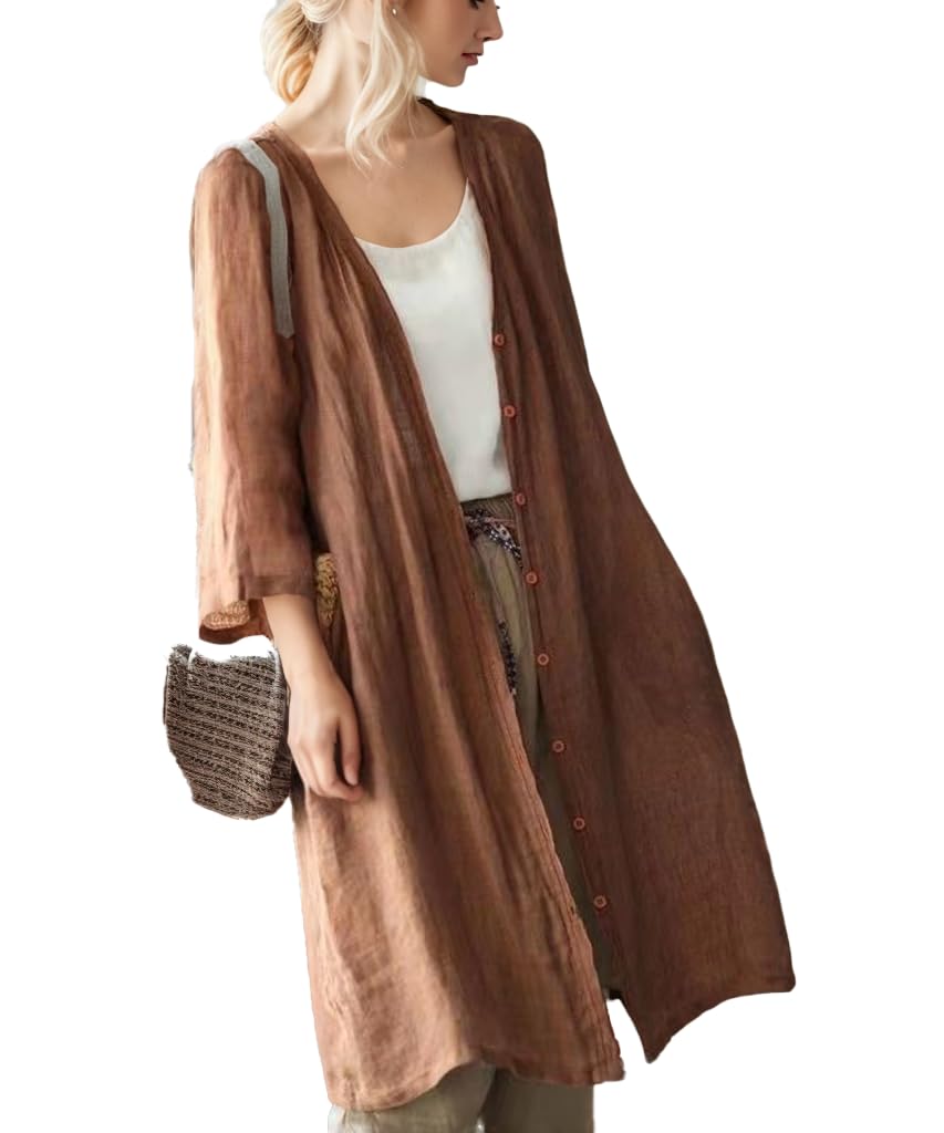 Womens Linen Artistic Cardigan 2025 Casual Plus Size Jacket with Pockets Chinese Style Long Trench Coat Outwears