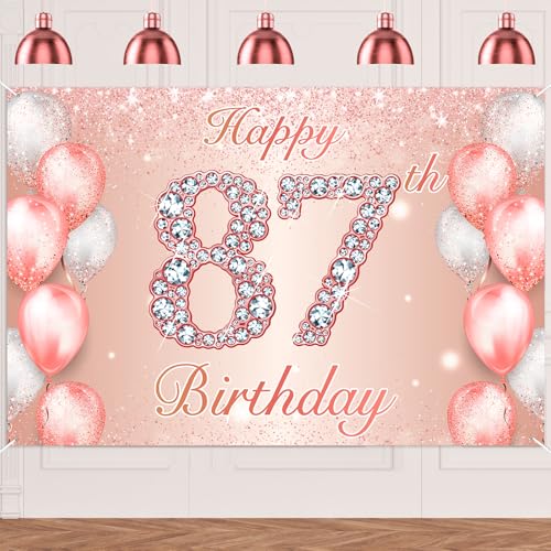 Image of Happy 87th Birthday Rose Gold Banner Cheers to 87 Years Old Backdrop Confetti Balloons Theme Decor for Women 87 Years Old Pink Birthday Party Decorations Bday Supplies Background Favors Gift Glitter