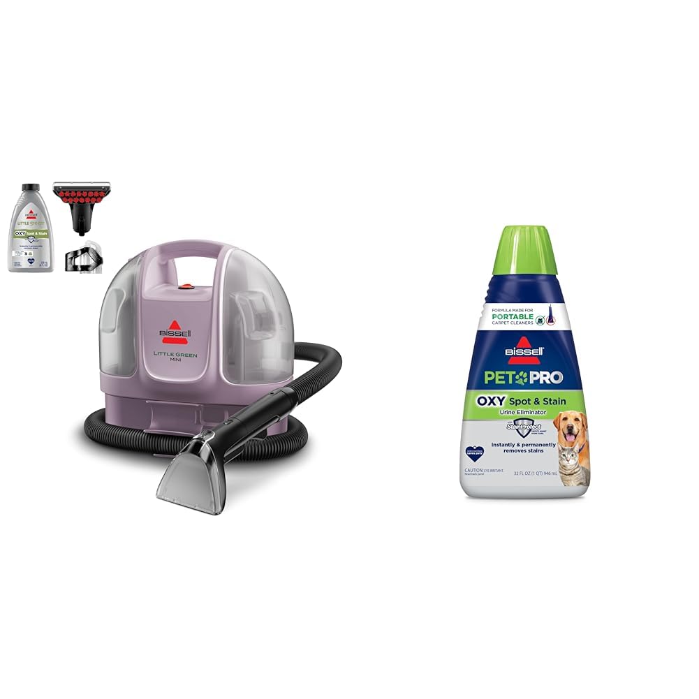 Little Green Mini Portable Carpet and Upholstery Deep Cleaner Limited Edition Color Dusk Pink, 4075L + BISSELL® PET PRO OXY Spot &amp; Stain Formula for Portable Carpet Cleaners, 32 oz., 2034