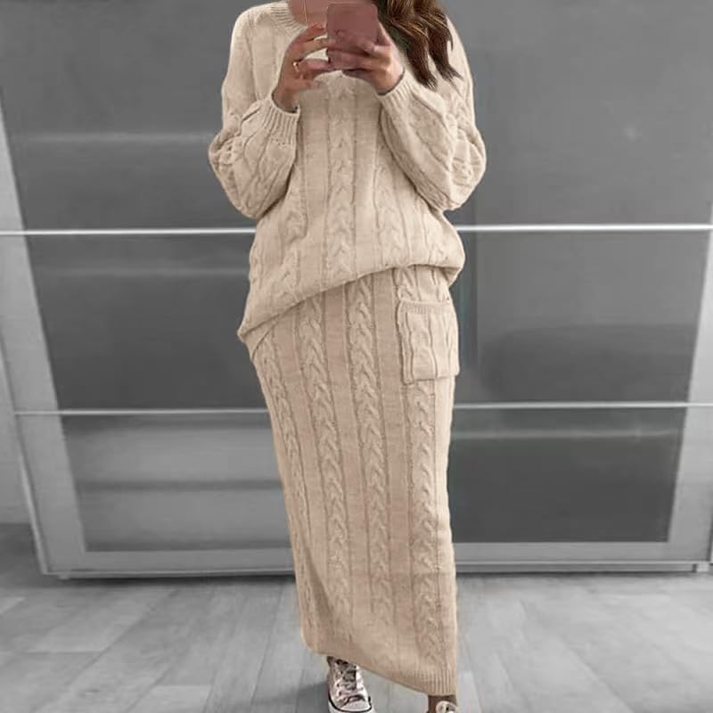 Women's Winter Casual Chunky Cable Knit Long Pencil Skirt 2 Piece Outfit Oversized Pullover Plus Size Sweater Sets Warm Suit - Image 2