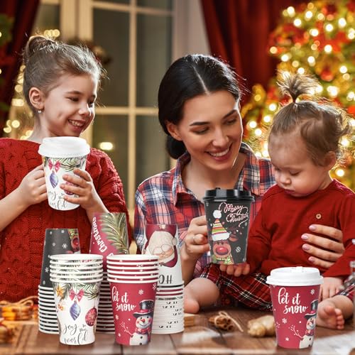 Hallswl 100Pcs 12 oz Christmas Paper Cups with Lids, Disposable Coffee Cups for Cold Beverage Hot Cocoa Chocolate Drinking, Santa Snowman Holly Ball Elk Pattern To Go Cup for Christmas Decorations by Hallswl - Used condition - Image 5