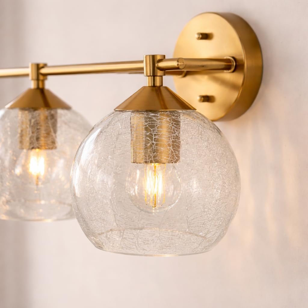 Tribesigns Applique Bagno 3 Luci, Lampada da Specchio Dorata con Sfere in Vetro Craquelé, Applique Murale E27 con Lampadine Incluse, Larghezza 43 cm, Illuminazione Moderna per Specchio Bagno, Lavabo
