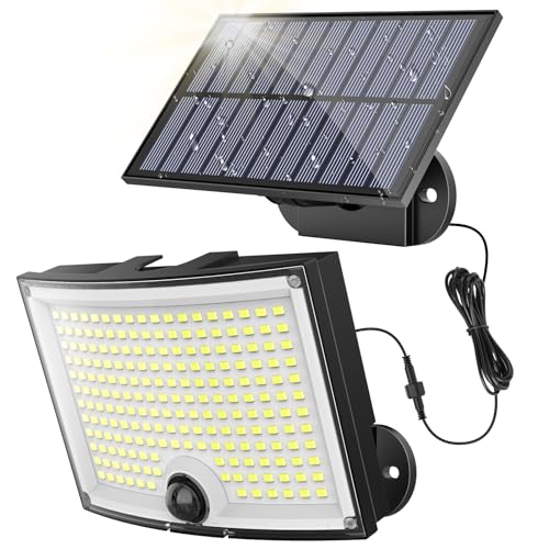 Ortiny Faretto LED da Esterno Solare, Luce Solare LED Esterno 202 LED 3Modes Faro LED Esterno con Pannello Solare con Sensore di Movimento Impermeabile IP65 da Terra, Giardino 5M Cavo 1 Pezzi