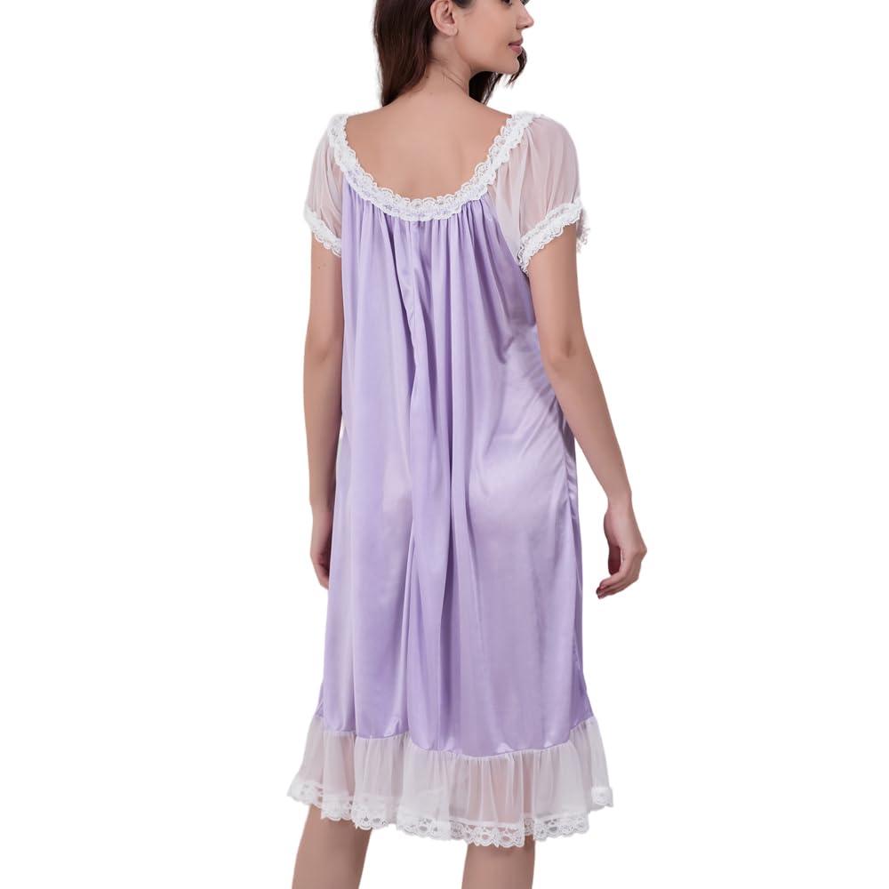 Camicia da Notte Donna,Filato Elastico Rosa da Donna Camicia da Notte vittoriana Manica Corta da Donna ，Macchia la Seta Pigiama