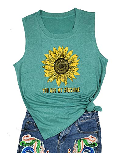 Sunflower Graphic Tank Top for Women You are My Sunshine Racerback Tanks Summer Cute Letter Sleeveless Vest (X-Large, Green)