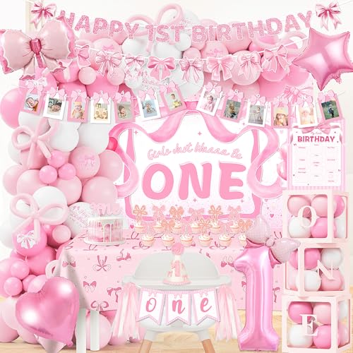 Image of Pink Bow 1st Birthday Decorations, Baby Girl First Party Supplies, Pink and White Balloon Arch Kit Girls Just Wanna Be One Birthday Backdrop High Chair Banner 1st Bday Hat