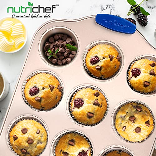 Image of Nutrichef 12 Cup Muffin Pan, Durable and Nonstick Carbon Steel Bake Pan with Silicone Handles, Kitchen Essential Cupcake Pan, Stain Resistant, Easy Clean, PFOA, PFOS, PTFE Free, 16.22'' x 10.43''