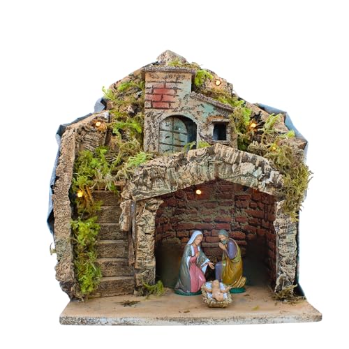 Moranduzzo Presepe con Grotta Illuminata e Natività 3 soggetti 10 cm - Statuine STANDARD 10-26x19x34 cm - Prodotto Ufficiale, Made in Italy, Scultore M. Landi