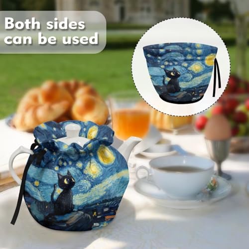 Image of Starry Cat Print Tea Cosy for Teapot Insulated Portable Protective Tea Pot Cozy Cover with Drawstring Breakfast Warmer 6.1x6.1x6.9 Inch