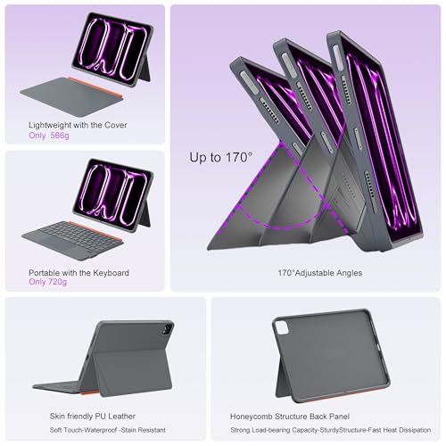 Image of WIWU iPad Pro 13 inch Keyboard Case M4 /M5 2024 /2025 Magnetic Detachable 3 in 1 Bluetooth Case Keyboard Adjustable Stand 7 Colors Backlit Keys with Touchpad (Grey, iPad Pro 13 inch(M4 /M5 2024 /2025))
