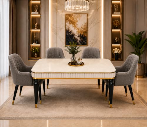 Image of 4 Seater Dining Table Set with Nano Composite Marble Top, Solid Wood Base & 4 Upholstered Chairs, Modern Dining Table Set for Home & Dining Room Furniture (Gray, White Marble Top, 4 Seater)