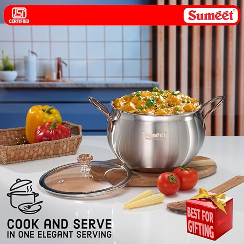 Image of Sumeet ISI Certified Stainless Steel Cook & Serve Biryani Pot /Handi /Sauce Pot with Glass Lid |Induction and Gas Compatible | Capacity - 3500ml -Dia - 19.5cm, Silver