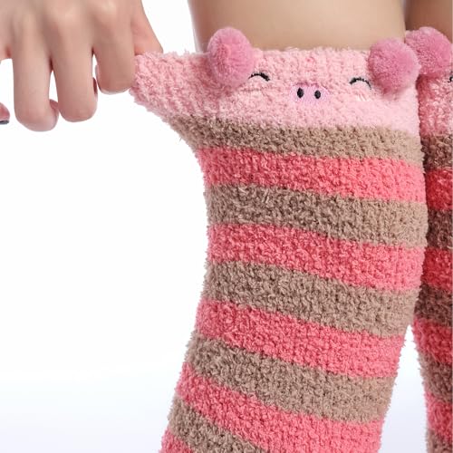 Image of Thigh High Fuzzy Socks Cute Animal Coral Fleece Over the Knee Thigh High Long Stockings Warm Stripe