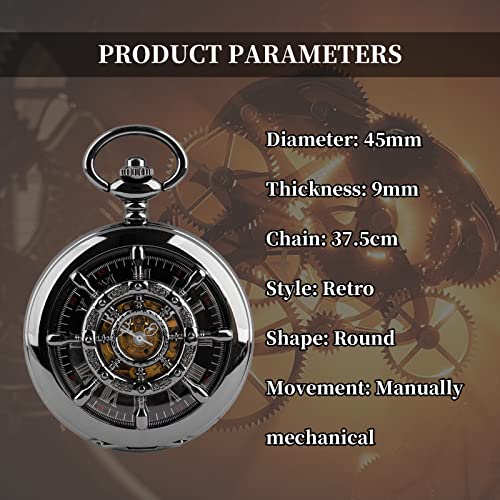Image of Men's Mechanical Pocket Watch Black Rudder Pattern Double Open Hollow Roman Numerals Pocket Watch