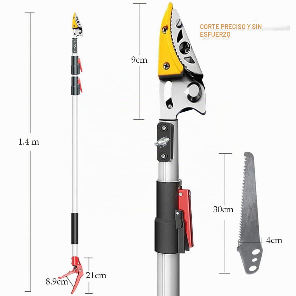 Manejo con una sola mano + sierra de podar (– 3,40 m) – Tijeras telescópicas para podar árboles arbustos frutas cortasetos telescópicos – Cortasetos de ahorro de mano – Herramienta manual de corte de
