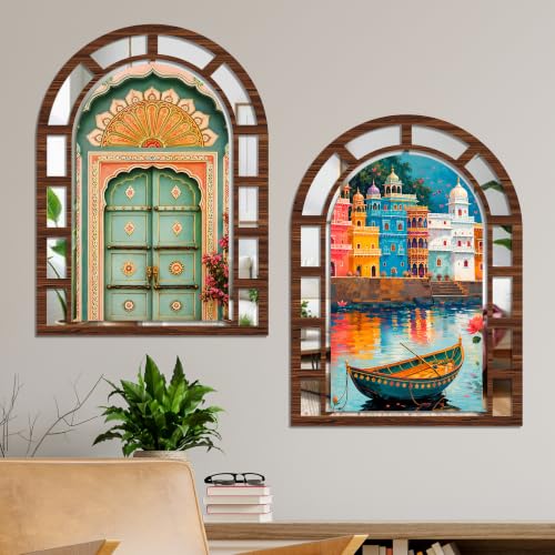Image of Artvibes Lakeside Palace Theme Home Wall Decor | Jharokha Mirror Wall Hanging for Living Room, Bedroom, Hall, Dining Area, Foyer & Office | Gift (WHJ 12057N), Set of 2