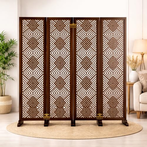 Image of Wooden Room Divider 6 Feet, 4-Panel Folding Wooden Partition for Living Room, Office, Pooja Room, Restaurant, Kitchen & Balcony (2W x 1.82H Meters). (Brown-Mixed Design)