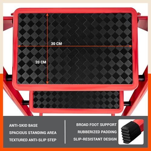 Image of Bathla Everest 4-Step Steel Ladder with Safety Hand Grip | Anti-Skid Wide Steps (30L x 20W cm) | Lightweight, Foldable Ladder for Home & Office | 150Kg Load Capacity | 2 Year Warranty (Red)