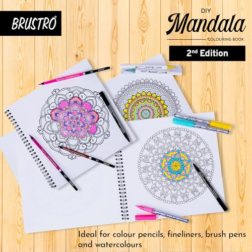 Image of Brustro DIY Mandala Colouring Book-2nd Edition| 25 Designs,160 GSM Paper,9x9 inch,Tear-Out Sheets | Ideal for Stress Relief & Mindfulness Art Book for Adults & Kids,Drawing,Mixed Media,Pens,Markers