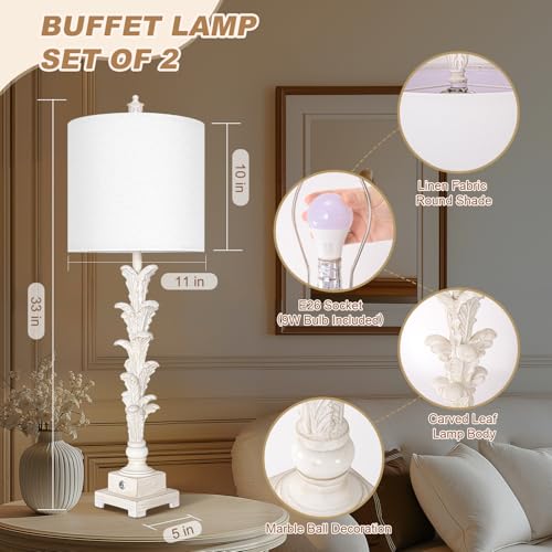 Vintage Table Lamps Set of 2, 3-Way Dimmable Touch Buffet Lamps with 2 USB Ports, 33'' Bedside Nightstand Lamps with Linen Shades, Rustic Farmhouse Table Lamps for Living Room Bedroom, Washed White - Image 3