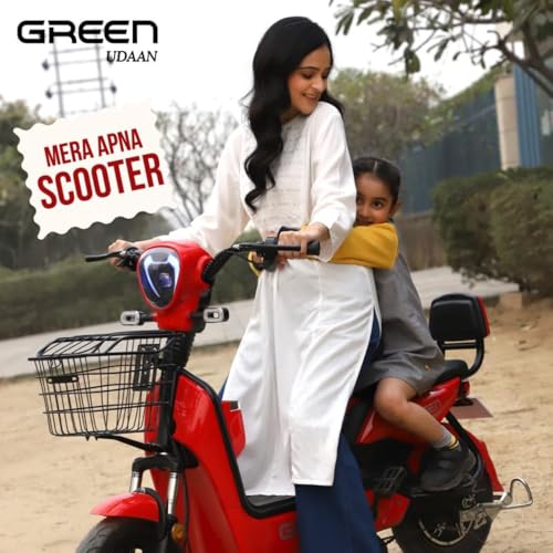 Image of Green Udaan Low Speed Electric Scooter Non RTO 80KM Range Lithium Battery Red with Portable Charger
