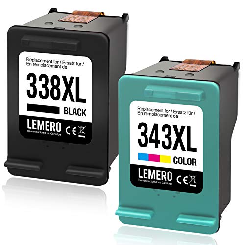 Lemero Reemplazo 338XL 343XL remanufacturado para cartuchos de tinta HP 338 XL 343 XL para HP Photosmart C3180,2710,7850,8150,PSC,1610,2355,OfficeJet 100,150 Negro