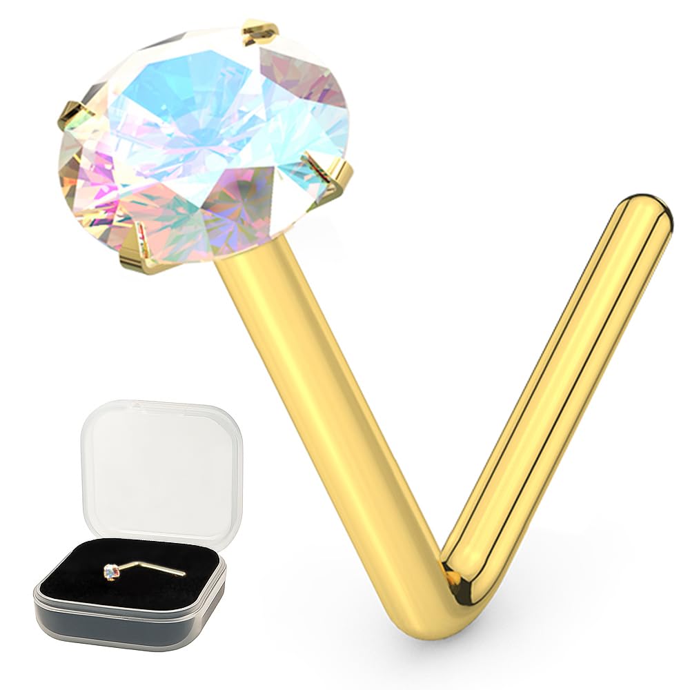 Set 14K Amarillo Oro Garra Arco Iris Redondo Cristal Piedra 22 Calibre L Curva Nariz Stud Piercing