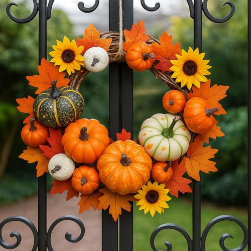 HAKACC 14 PCS Artificial Lifelike Simulation Mixed Pumpkins for Decorating, Fake Pumpkins with 30PCS Fake Maple Leaves Festival Thanksgiving Fall Harvest Home Decoration