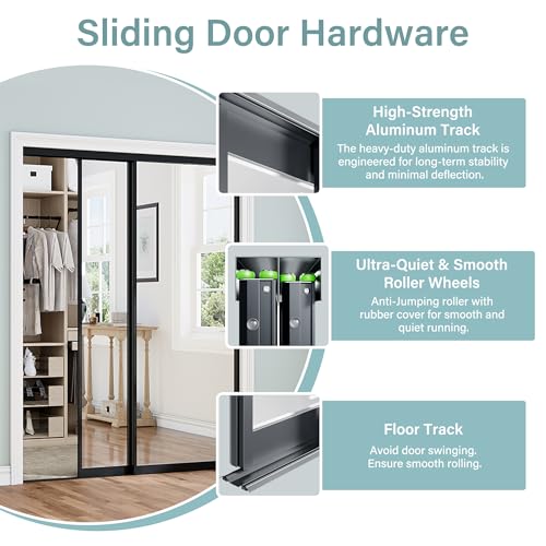 Image of Sliding Closet Doors 60 inch x 80 inch(Double 30.4 inch x 80 inch), Mirrored Doors Aluminum Frame with Hardware Kit & Guide, Interior Door for Bedroom No Assembly Required, Black