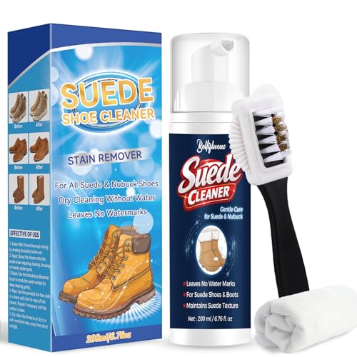 Bellifluous Limpiador Zapatillas, Limpiador Zapatos Ante, 200ml Suedes Cleaner para Zapatillas Nobuk Botas, Limpiador Zapatillas Blancas Con Cepillo y Toalla, Elimina Suciedad Manchas y Marcas de Agua