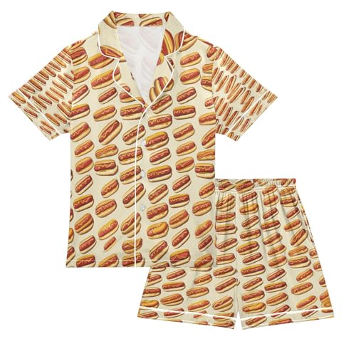 Satin Pajama Sets Short Sleeve Cartoon Hot Dog Pattern Button Down Silky Nightwear 2 Piece PJS 5-14Y