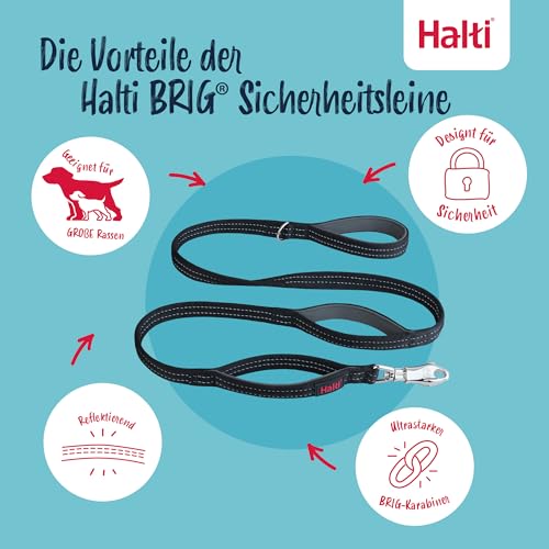 Halti BRIG Sicherheitsleine - Farbcodierte Hundeleine mit Ultrastarker Karabiner, Reflektierend, Gepolsterter Griff & D-Ring. Designt für Große Hunde (Schwarz, 1,5m Lang)