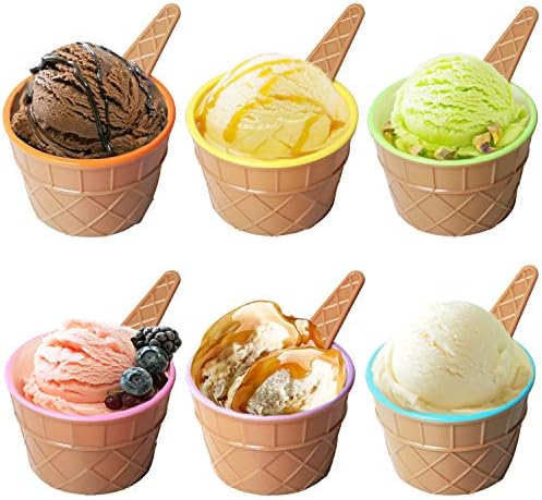 TRIXES Set of 6 Ice Cream Dessert Bowls and Matching Spoons, Plastic, Assorted Cute Colours Pink, Lilac, Blue Orange, Yellow & Green, Wafer Design Ice Cream Cone Bowl