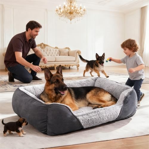 JOEJOY Extra Large Dog Sofa Bed Waterproof Lamb Fleece PP Cotton XL Dog Bed With Nonskid Bottom Washable Grey Dog Bed For Large Labrador German Shepherd 89x64x23cm