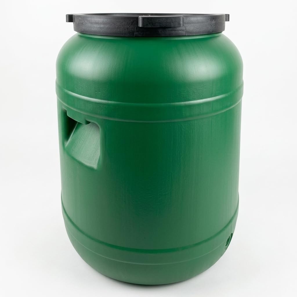plasteo Fût à col large de 80 l avec couvercle de qualité alimentaire - Fût universel en polyéthylène haute densité avec bouchon à vis - Pour nourriture, stockage et transport - Vert - Rond