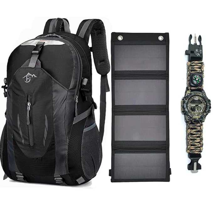 Zaino con Pannello Solare 20W USB 5V - Zaino Trekking da 40 Litri Impermeabile con orologio multifunzione per Escursionismo, Alpinismo, Campeggio - Spallacci e Schienale Imbottiti