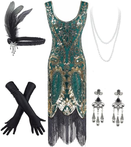 IWIWB Women's Vintage 1920s Sequin Beaded Tassels Hem Flapper Dress w/accessories Set (Medium, Style04-Gold&Green)