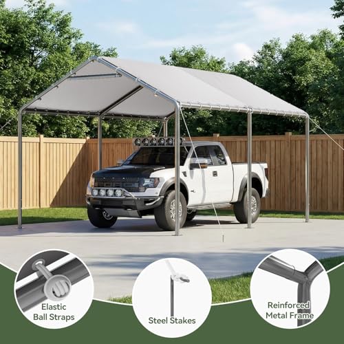 Image of Aoxun 10x15 Carport Heavy Duty Carport Potable Car Canopy Garage, White