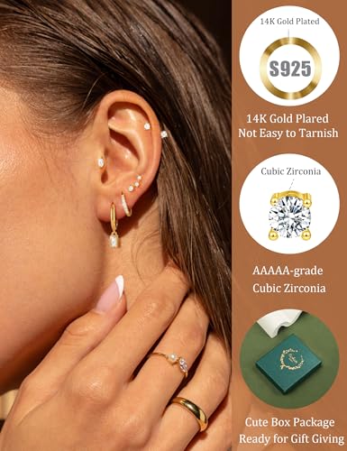 5 Pairs Gold Hoop Earrings 925 Sterling Silver 14K Gold Plated Stud Earrings for Women Hypoallergenic Cartilage Earrings Set for Multiple Piercing Small Huggie Dangle Earring Stack Jewelry Gift3