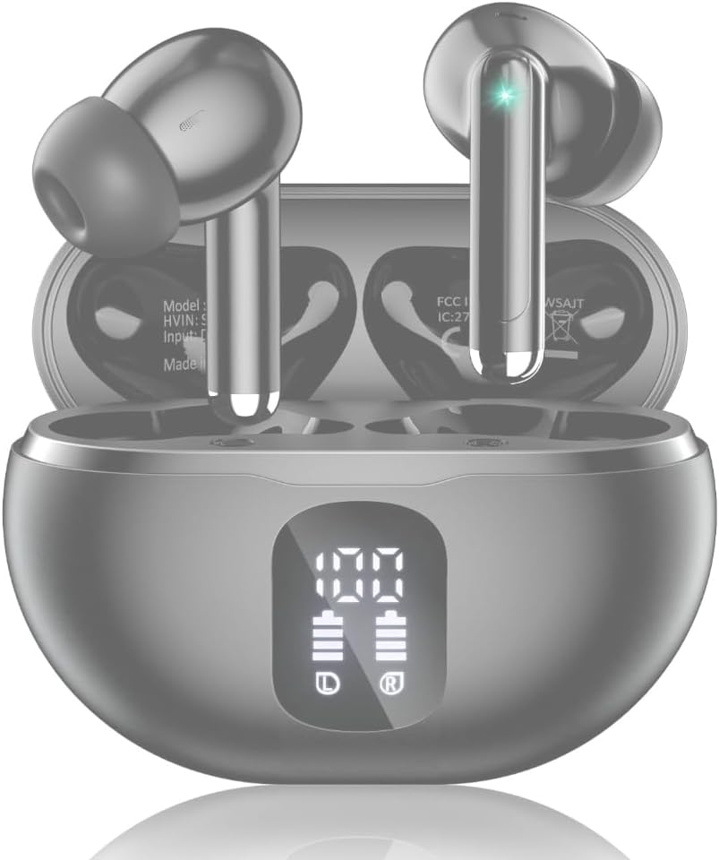 Bluetooth Headphones True Wireless Earbuds 50H Playback LED Power Display Earphones with Charging Case IPX7 Waterproof in-Ear Ear Buds with Mic for Smart Phone Computer Sports, Glossy Black