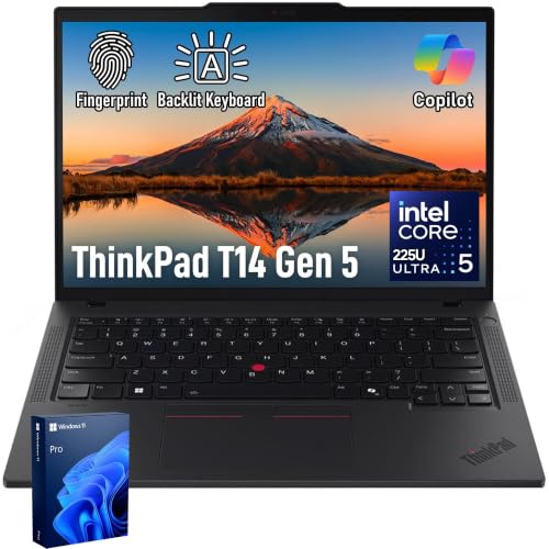 Image of Lenovo ThinkPad T14 Business AI Laptop, 14 inch FHD+ IPS, Intel Core Ultra 5 225U, 64GB DDR5, 2TB SSD, 5MP Webcam, Fingerprint, Backlit, Wi-Fi 6E, Thunderbolt 4, Windows 11 Pro - Black