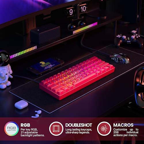Image of GK61 Hot-Swap Mechanical Gaming Keyboard - 61 Keys Multicoloured RGB LED Backlight for PC /Mac Players (Gateron Optical Red, Red)