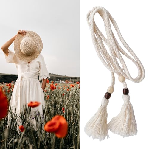 Handcraft Cotton Rope Waist Belt for Women and Girl with Wood Beads and Tassels for Dresses2