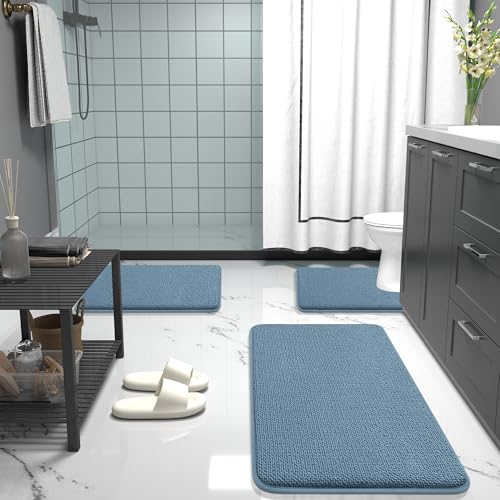 Image of OLANLY Thick Memory Foam Bath Mat Rug 35x24, Extra Soft Absorbent Bathroom Rug, Quick Dry Bath Mats, Non-Slip, Machine Washable Carpet for Bathroom, Tub and Shower, Home Decor Accessories, Airy Blue