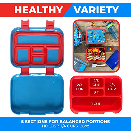 Image of Bento Box with Insulated Lunch Bag, Ice Pack & Water Bottle Set for Kids - 5 Compartments Removable Tray Lunches or Snack Container Boys Toddlers Daycare Pre-School, Blue Pirates