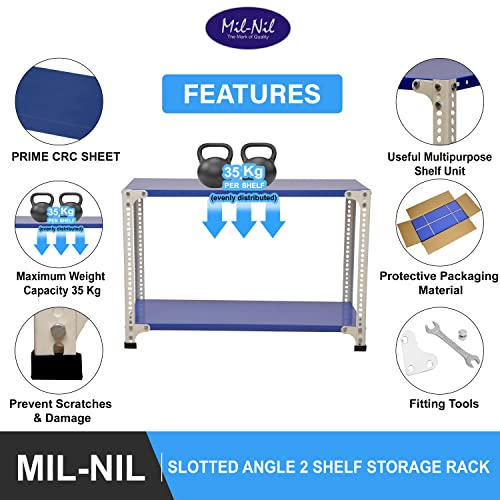 Image of Mil-Nil Prime CRC Sheet 2 Shelf 24 Gauge Multipurpose Slotted Angle Rack | Adjustable Shelf Hight Powder Coated Rack for Home & Kitchen (24x36x18 Inch, 8 Kg, Blue /White) 16 Gauge Angles