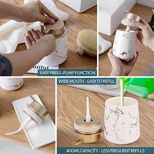 Image of Luxury Ceramic Soap Dispenser (Luxe White) - 400ml Wide Modern Refillable Lotion Shampoo Handwash Bottle Matte White with Gold Marbling Premium Countertop Accessory for Bathroom, Kitchen & Wash Basin