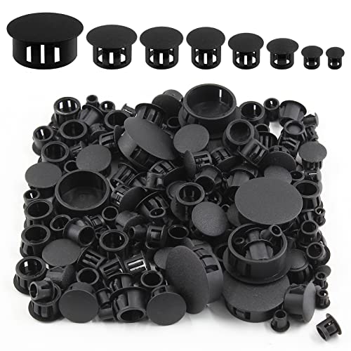 Suiwotin 350Pcs 8 Sizes Plastic Hole Plugs Assortment, Flush Type Snap In Locking Tube Hole Plugs, 3/16", 1/4", 5/16", 3/8", 1/2", 5/8", 3/4", 1" Furniture Post Pipe Insert End Caps (Black) #TOP5